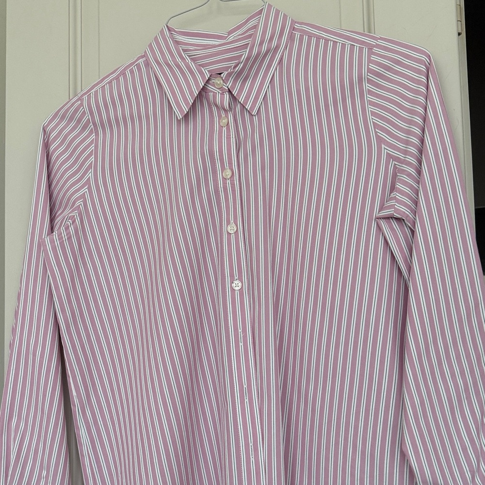 Ann Taylor Pink and White Striped Button-Front Shirt